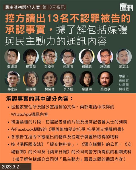 民主派初選47人案第18天審訊｜李予信今復出庭 控方讀出13名不認罪被告的承認事實 包括營運獨媒、立場和蘋果日報的公司提交之物料 據了解包括與