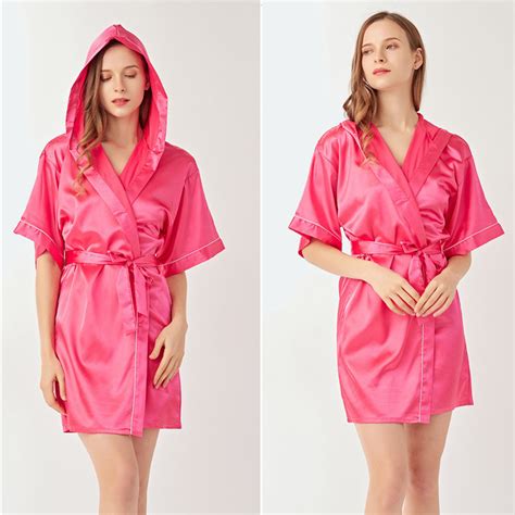 Women Robes Hooded Silk Robes Satin Kimono Robe Short Silky Bathrobe