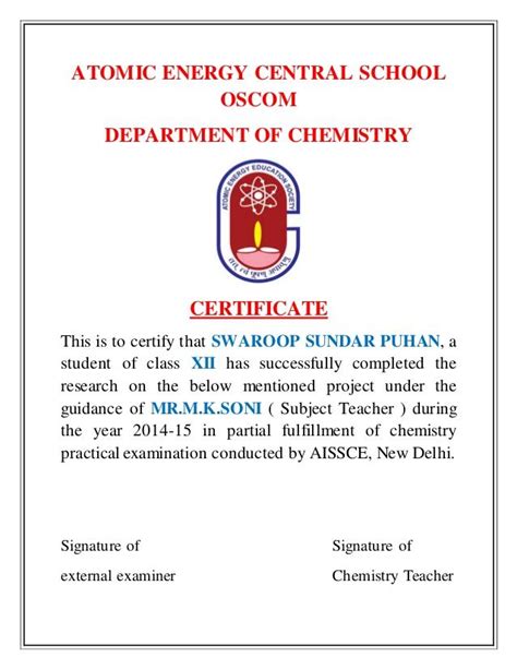 Atomic Energy Central School Oscom Department Of Chemistry Certificate