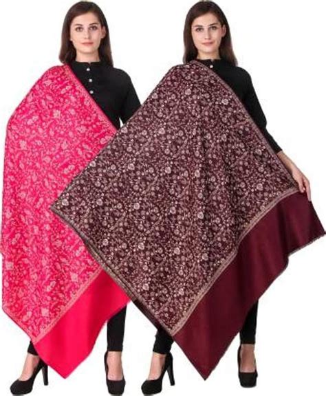 Kashmiri Shawl Wool Embroidered Women S Shawl Pack Of Two Pink Mehroon