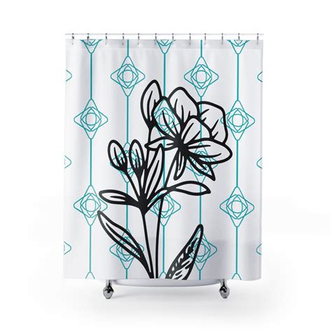 Turquoise White And Black Wildflower Shower Curtain Modern Bath Decor