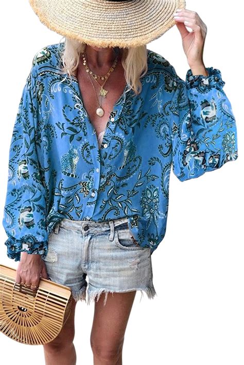 Blue Floral Print Boho Button V Neck Down Shirt Stylish Tops Fashion Floral Print Shirt