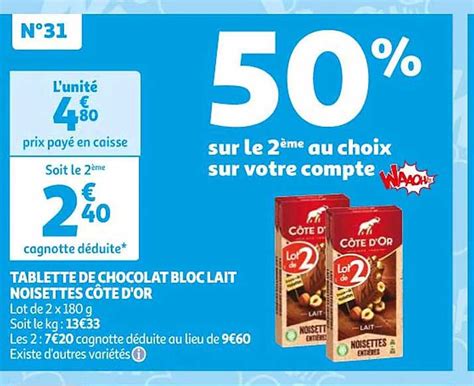 Promo Tablette De Chocolat Bloc Lait Noisettes C Te D Or Chez Auchan