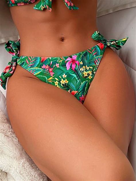 Shein Swim Vcay Tropical Print Halter Triangle Tie Side Bikini Swimsuit