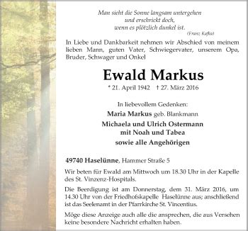 Traueranzeigen Von Ewald Markus Noz Trauerportal