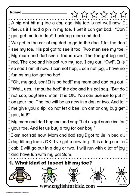 Reading Comprehension Worksheets Short Word Stories