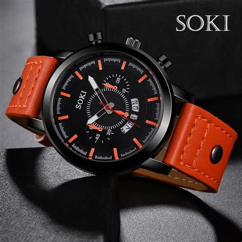 Soki Brand Luxury Sport Watches Fashion Leather Strap Quartz Men Casual