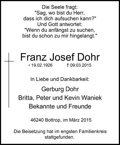 Traueranzeigen Von Franz Josef Dohr Trauer In Nrw De