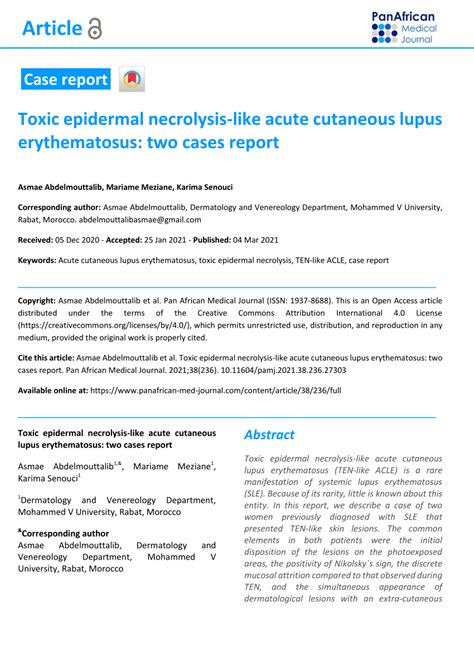 Pdf Toxic Epidermal Necrolysis Like Acute Cutaneous Lupus