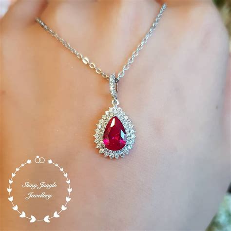 Pear Shaped Ruby Necklace July Birthstone Pendant Double Halo