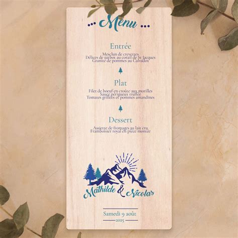 Menu de mariage sur bois Montagne sapins et soleil 100 français