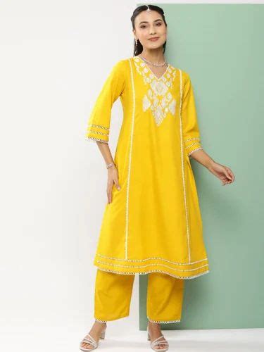 Solid Mustard Embroidered Ladies Cotton Palazzo Suit Straight At Rs