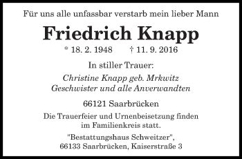 Traueranzeigen Von Friedrich Knapp Saarbruecker Zeitung Trauer De