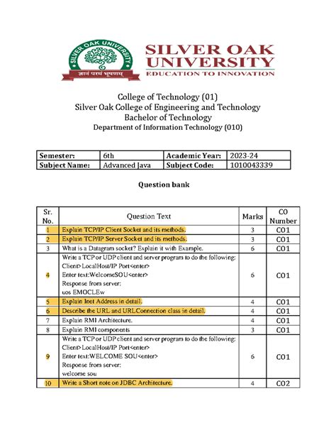 Advanced Java Question Bank College Of Technology 01 Silver Oak