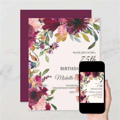 Elegant Purple Pink Gold Floral 75th Birthday Invitation Zazzle