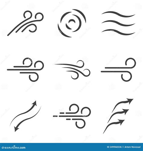 Set Of Icons Movement Of Air Flow Blowing Wind Simple Line Drawings