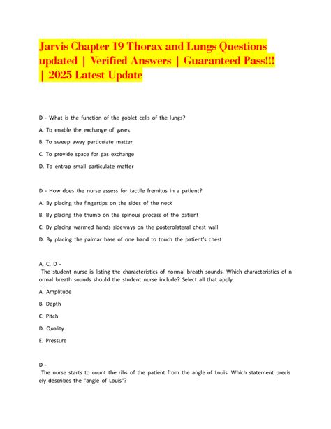 Jarvis Chapter 19 Thorax and Lungs Questions updated Verified Answers