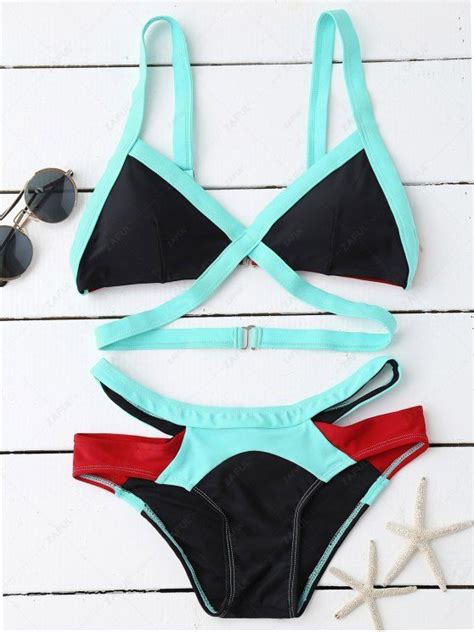 Off Strappy Color Block Banded Bikini Set In Lake Blue