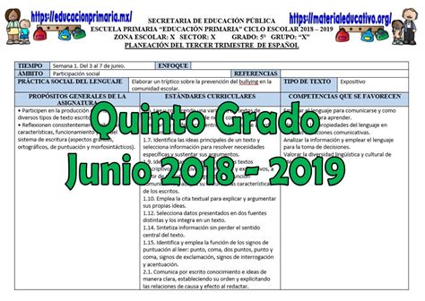 Planeación del quinto grado del mes de junio para el tercer trimestre