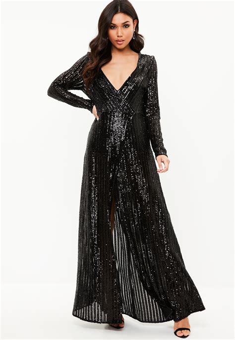 Lyst Missguided Black Sequin Plunge Long Sleeved Maxi Dress In Black