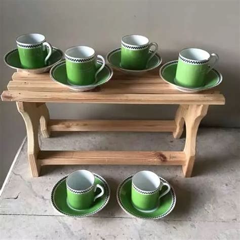 Set Of 6 Vintage Epiag Czechoslovakian Green And Black Coffee In