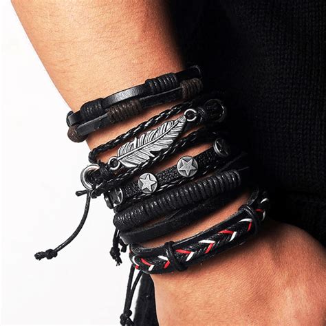 Pulseras De Cuero Tejido Para Hombre Y Mujer Set Modelo Pluma