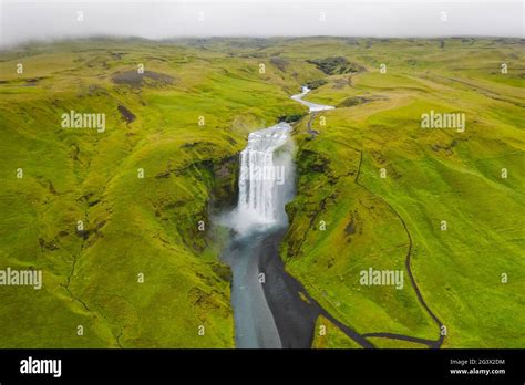 iceland aerial view   skogafoss waterfall landscape