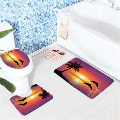 Bathroom Mat Set 3pcs Dauphins Jumping Sunset Palm Tree Pattern Bath