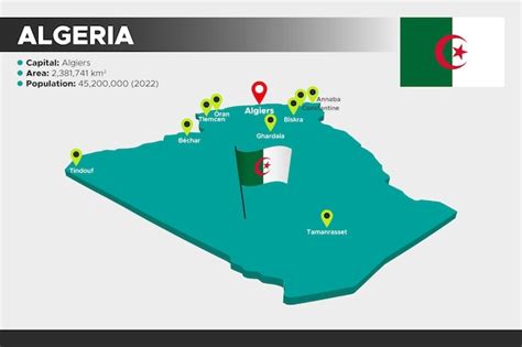 Argelia isométrica 3d ilustración mapa bandera ciudades capitales área