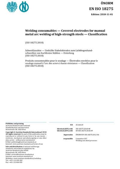 ONORM EN ISO 18275 2018 Welding Consumables Covered Electrodes For