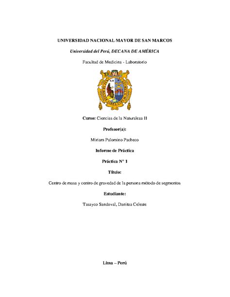 Informe Nº1 Sistema Internacional Y Centro De Gravedad Universidad Nacional Mayor De San