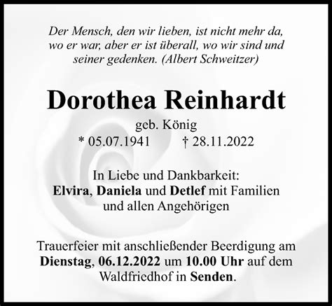 Traueranzeigen Von Dorothea Reinhardt Augsburger Allgemeine Zeitung