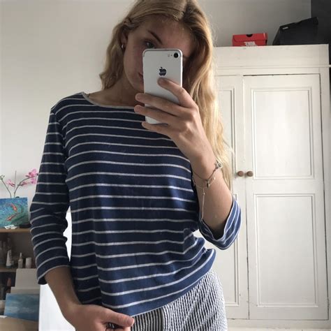 Striped blue navy and white long sleeve t shirt... - Depop