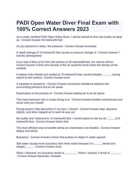 Solution Padi Open Water Diver Final Exam With 100 Studypool