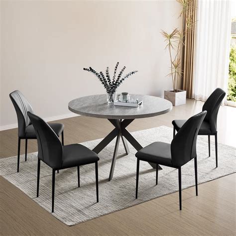 GOJANE 5-Piece Black Chairs and Round Gray Dining Table, Dining Table Set with Matching 4 Solid ...