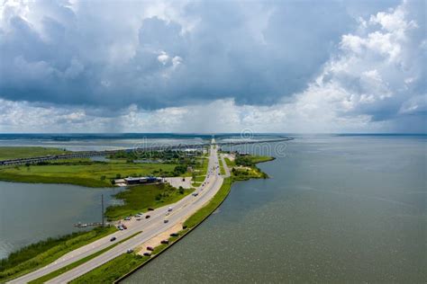 Aerial View Of The Mobile Bay Causeway Eastbound In July Of 2022 Stock