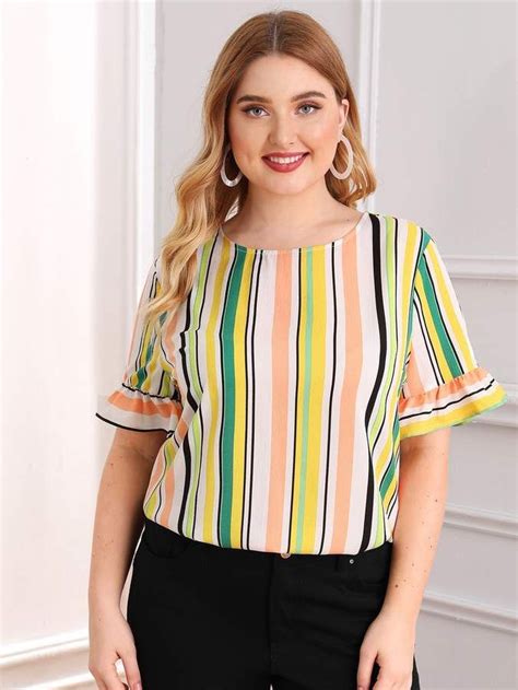 Shein Plus Flounce Sleeve Striped Top Plus Size Winter Outfits Plus