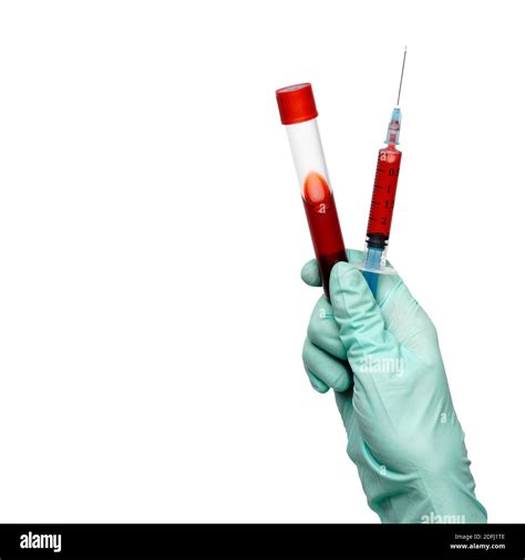 Hand In Latex Glove Holding Blood Sample In Test Tube And Syringe Close