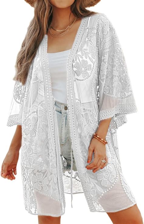 Women White Sexy Lace Long Sleeve Swimsuit Embroidery Beach Kimono