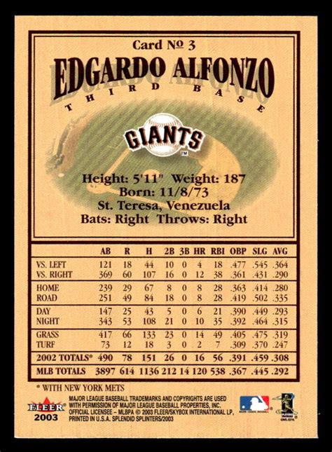 Edgardo Alfonzo San Francisco Giants 2003 Fleer Splendid Splinters 3