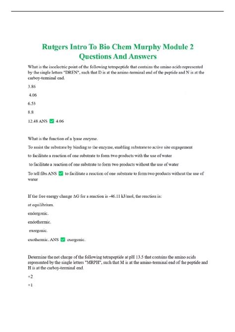 Rutgers Intro To Bio Chem Murphy Module 2 Questions And Answers