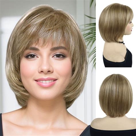 Synthetic Short Bob Wig with Bangs Straight Blonde Wigs Female Short