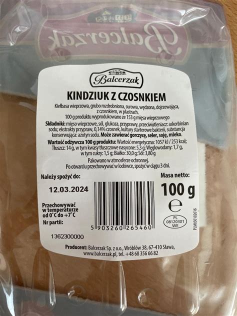 Kindziuk Z Czosnkiem Balcerzak Kal Rie Kj A Nutri N Hodnoty