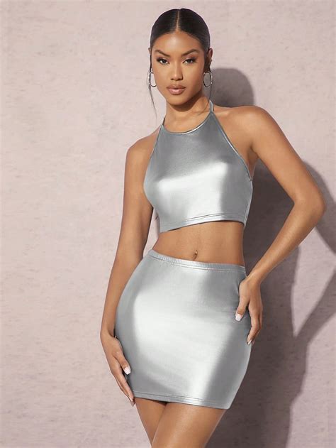 Shein Bae Metallic Crop Halter Top Bodycon Skirt Shein Usa