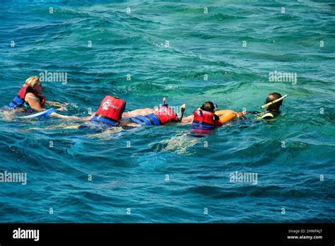 Las Personas En Chalecos Salvavidas Con Instructor Flotan En El Mar Aferrándose A La Boya El