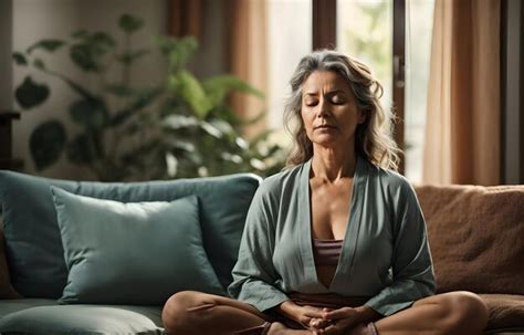 Premium Photo Middle Aged Woman Meditating At Home With Eyes Closed