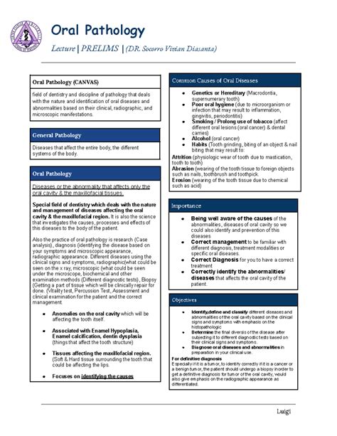 Oral Pathology Lec Prelims Oral Pathology Lecture PRELIMS DR