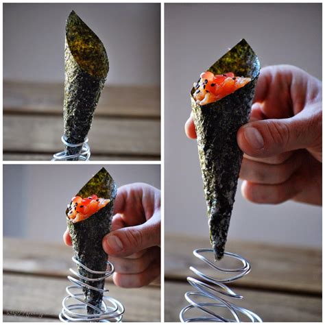 Cucurucho crujiente de alga nori con tartar de salmón y caviar de