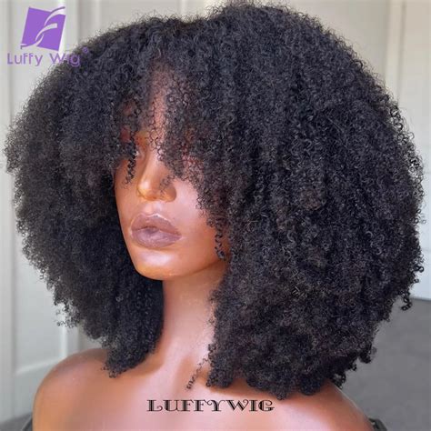 Afro Kinky Encaracolado Peruca Franja Cabelo Humano M Quina Cheia