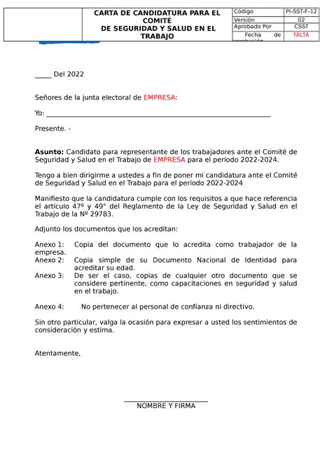 N Carta De Candidatura Carta De Candidatura Para El Comit De